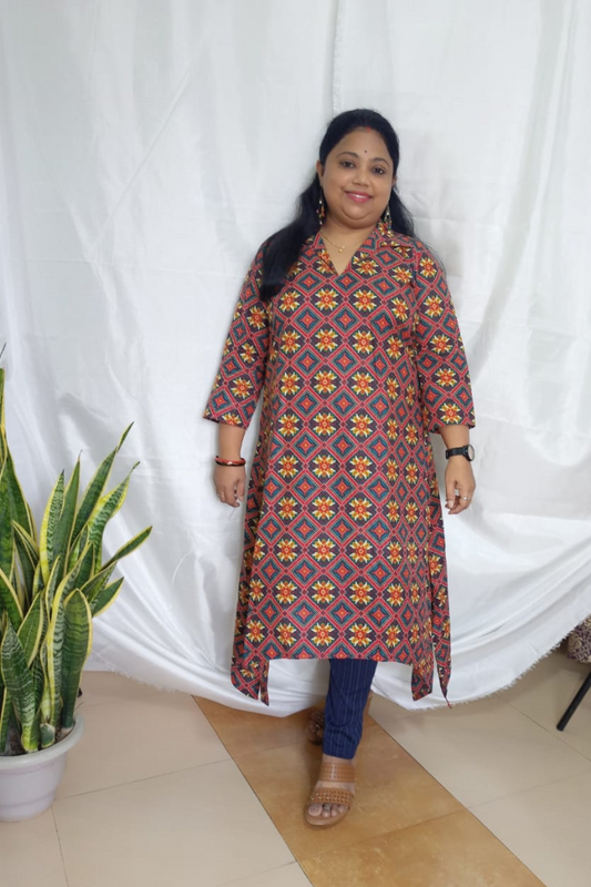 Red-Blue Bright Ajrakh print asymmetrical Kurta