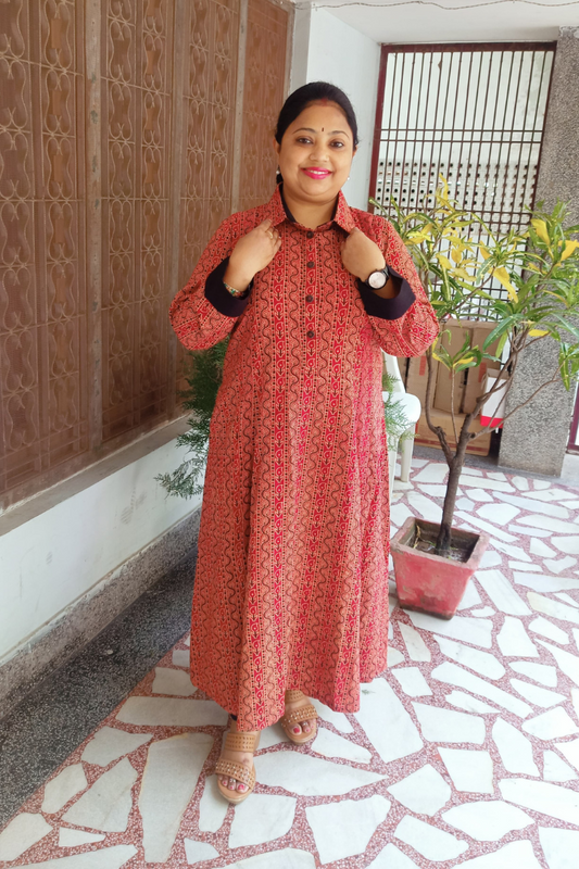 Ajrakh Hand Block-Red & black collared Kurta