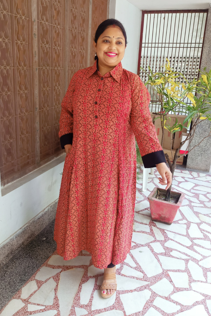 Ajrakh Hand Block-Red & black collared Kurta