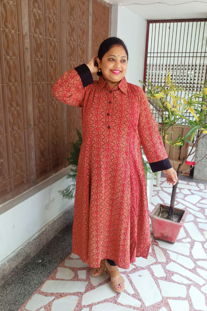 Ajrakh Hand Block-Red & black collared Kurta