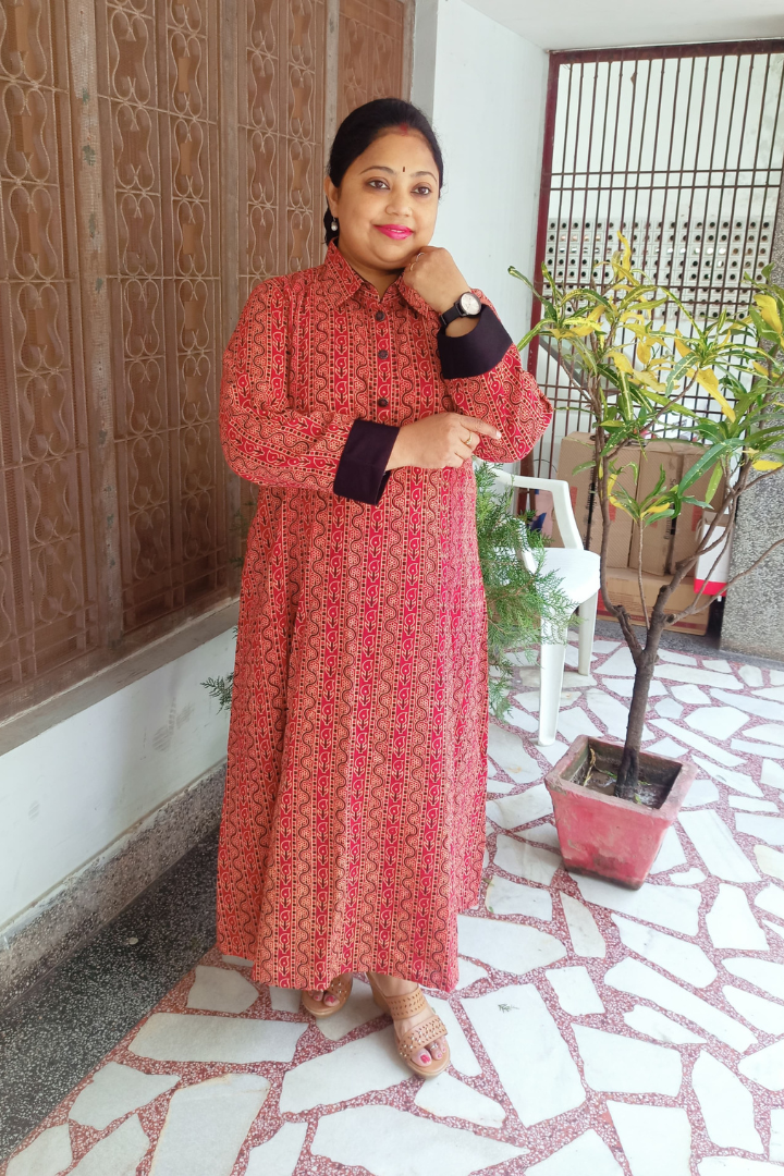 Ajrakh Hand Block-Red & black collared Kurta