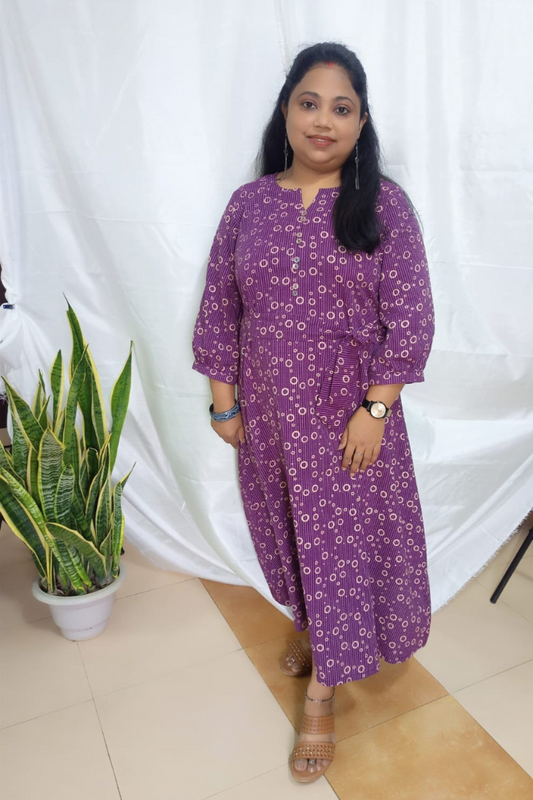 Pastel mauve kantha stitch Ajrakh Kurta-Belt style