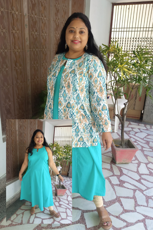 Aqua green sleeveless cotton kurta with shrug