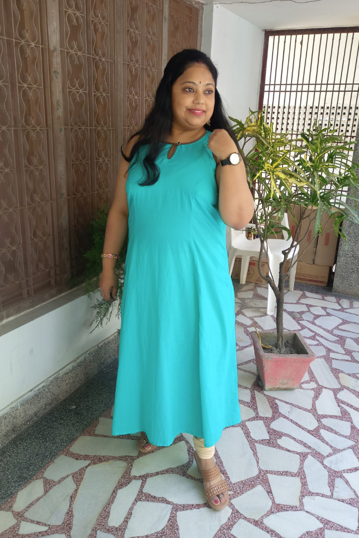 Aqua green sleeveless cotton kurta with shrug