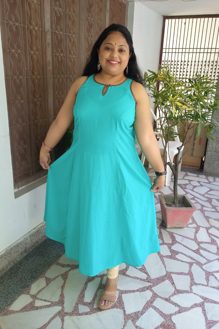 Aqua green sleeveless cotton kurta with shrug