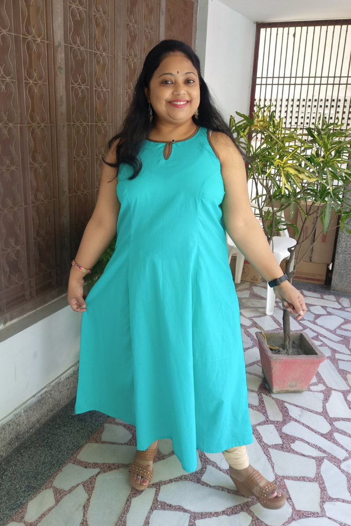 Aqua green sleeveless cotton kurta with shrug