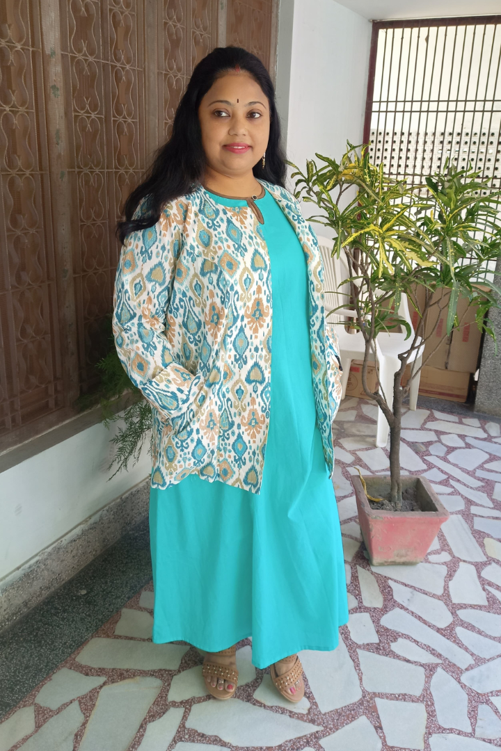 Aqua green sleeveless cotton kurta with shrug