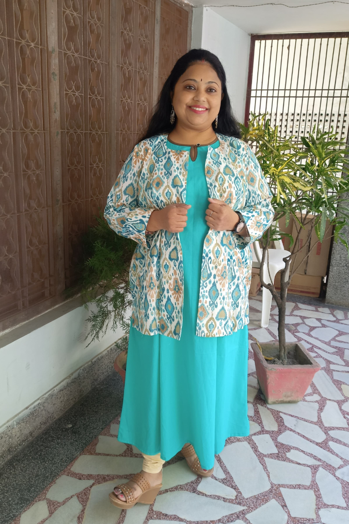 Aqua green sleeveless cotton kurta with shrug