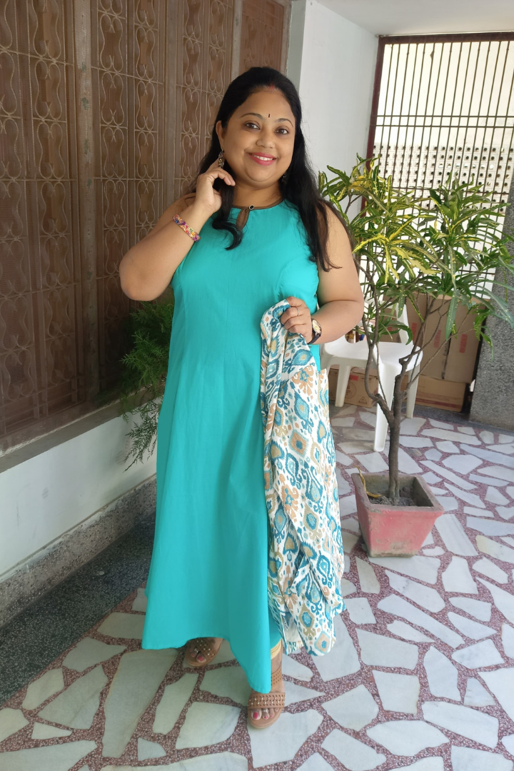 Aqua green sleeveless cotton kurta with shrug