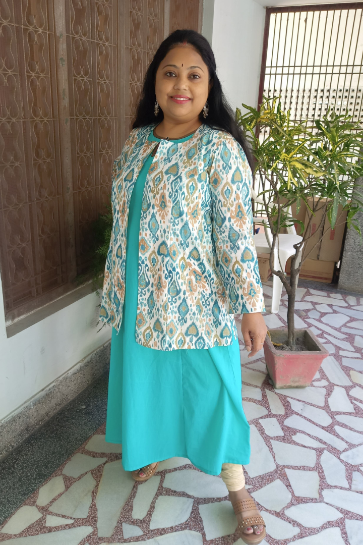 Aqua green sleeveless cotton kurta with shrug