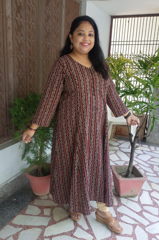 Black Ajrakh stripes kalidar Kurta