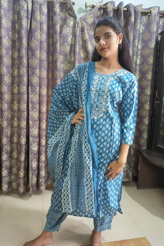 Blue Jaipuri cotton suit yoke embroidery