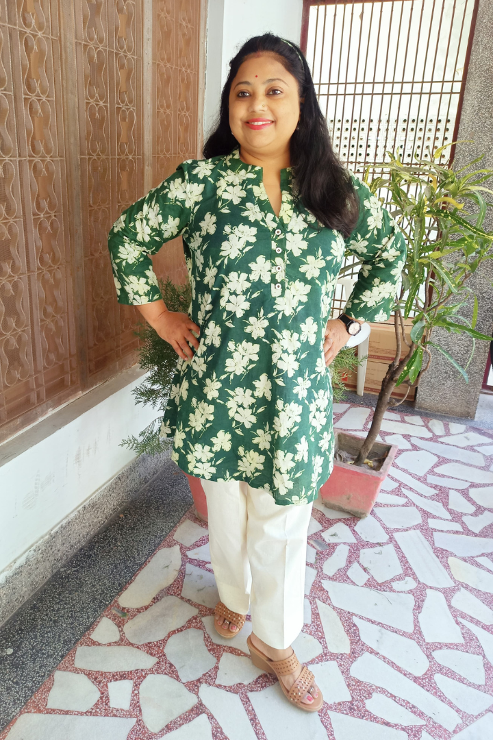 Bottle Green floral  Handblock print Short Kurti