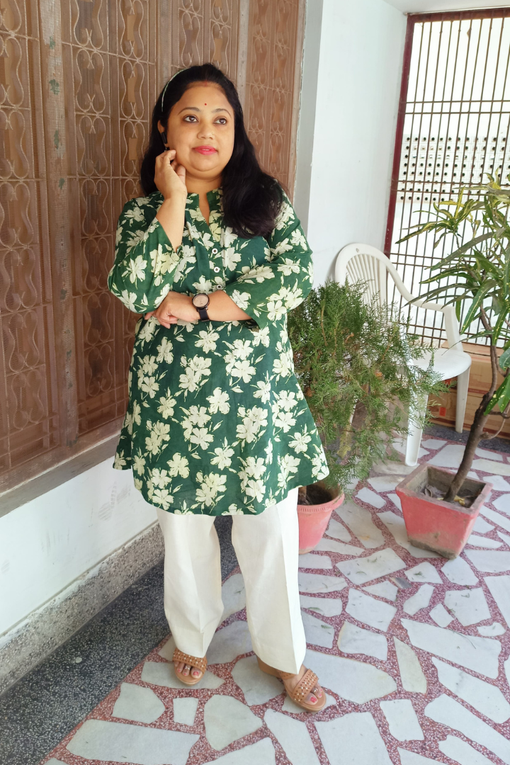 Bottle Green floral  Handblock print Short Kurti