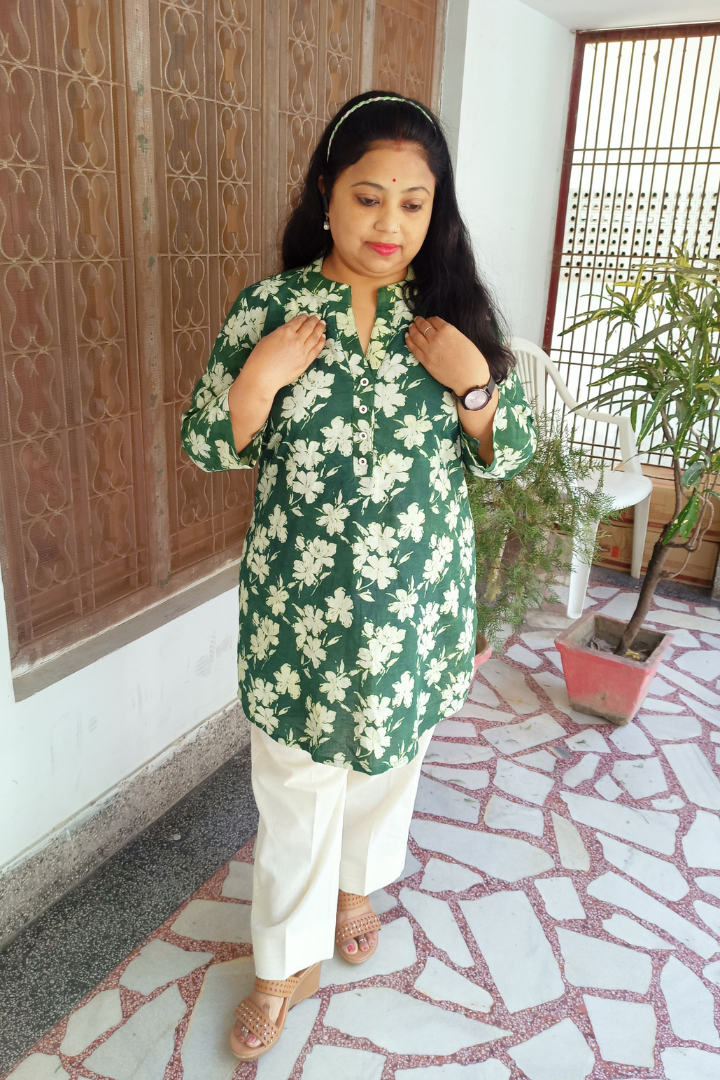 Bottle Green floral  Handblock print Short Kurti