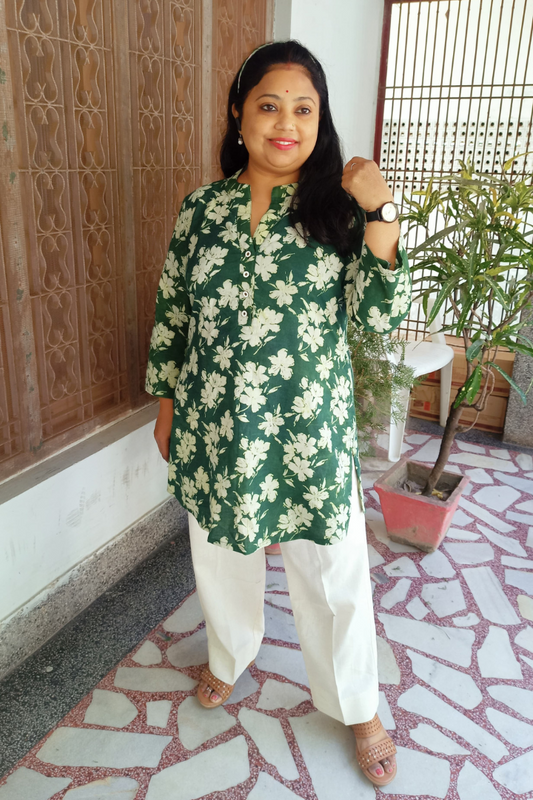 Bottle Green floral  Handblock print Short Kurti