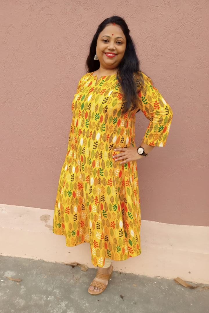 Bright yellow-multi leaf print cotton kurta