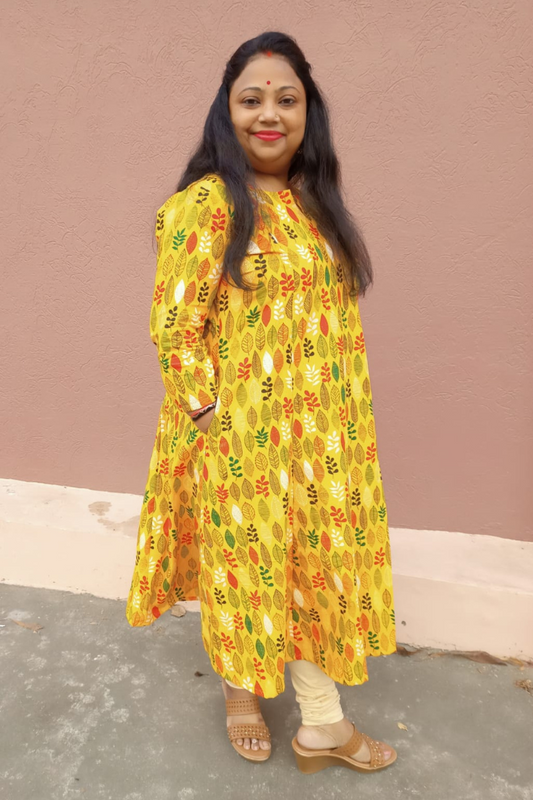 Bright yellow-multi leaf print cotton kurta