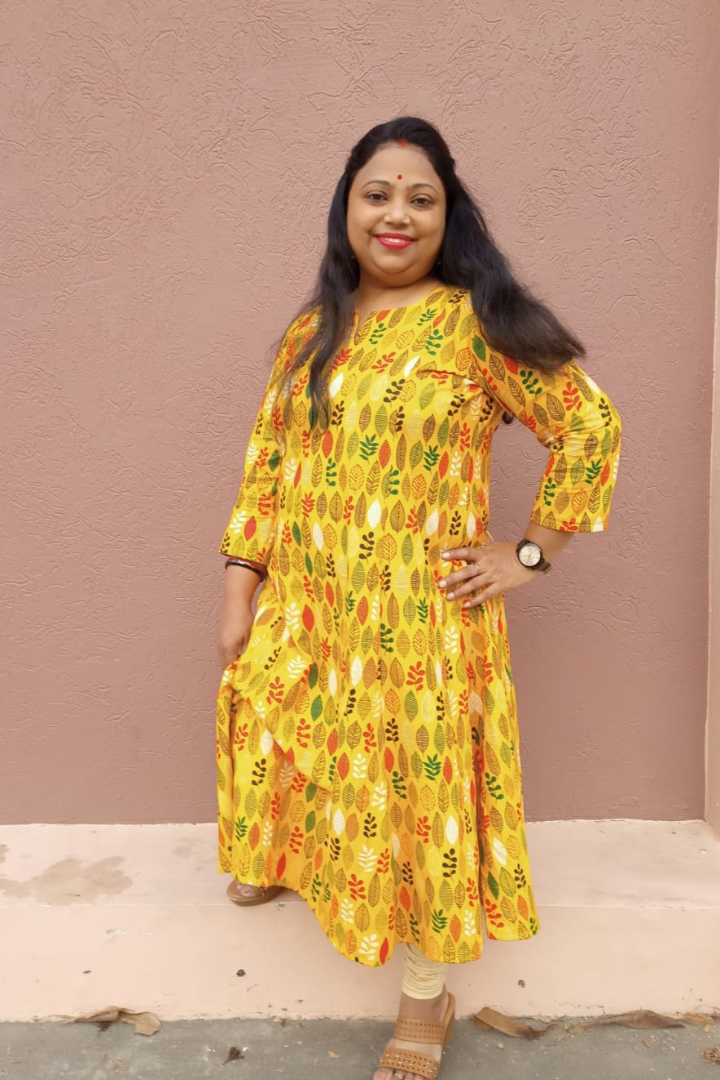 Bright yellow-multi leaf print cotton kurta