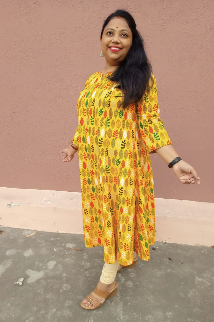 Bright yellow-multi leaf print cotton kurta