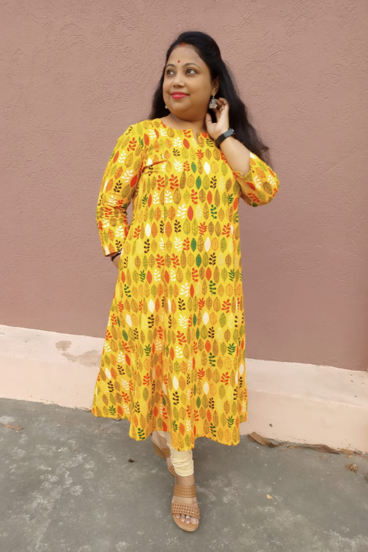 Bright yellow-multi leaf print cotton kurta