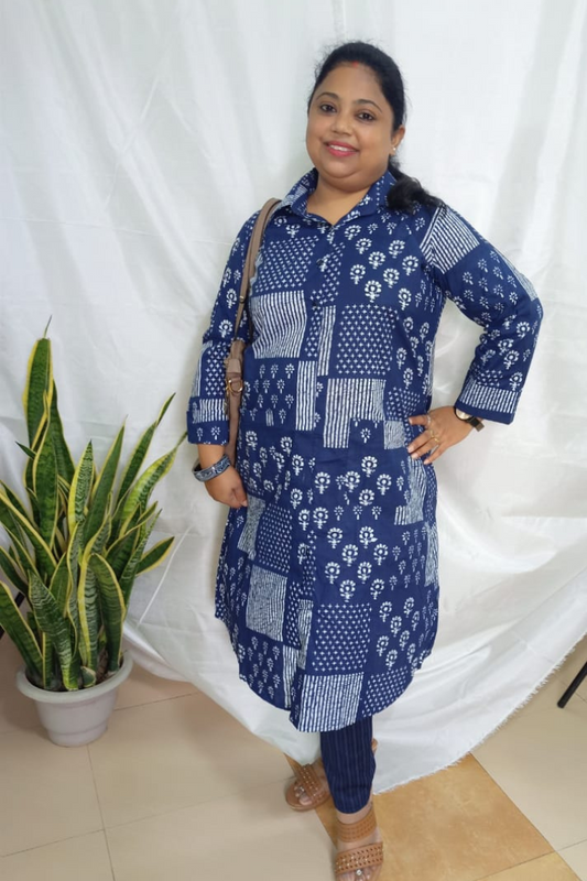 Navy blue white printed shirt collar Short Kurti