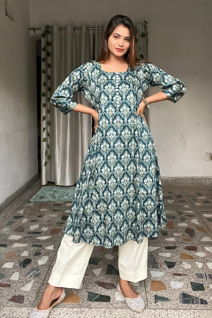 Green malai cotton kalidaar kurta-front buttons