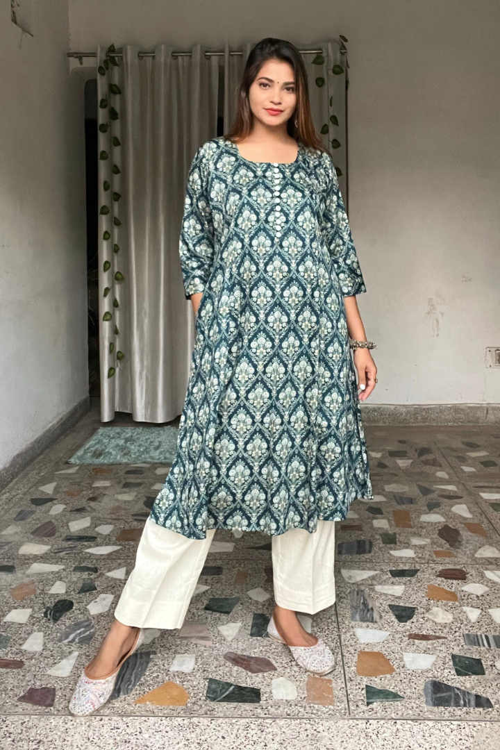 Green malai cotton kalidaar kurta-front buttons