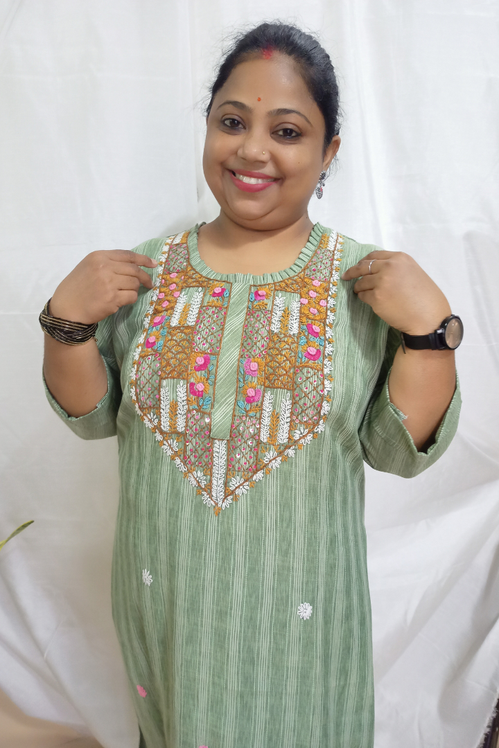 Mint Green striped Handloom cotton Embroidered Kurta