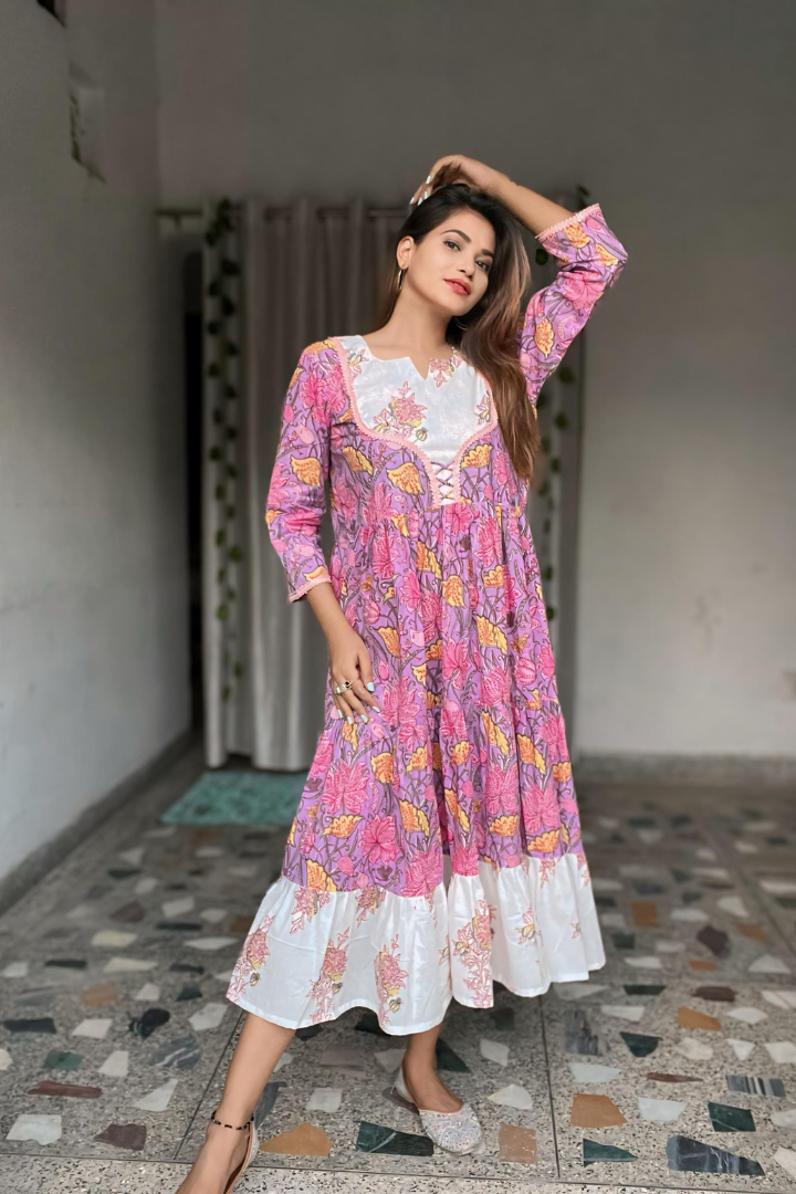 mauve-white jaipuri cotton lace work layered 1 piece dress