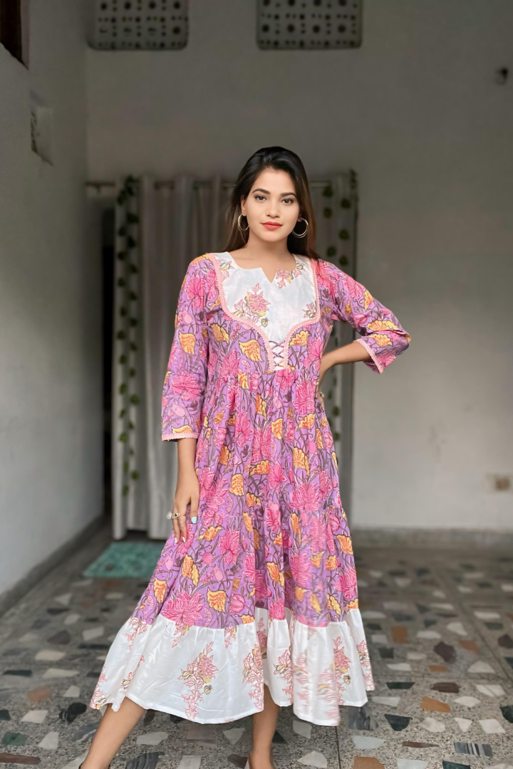 mauve-white jaipuri cotton lace work layered 1 piece dress