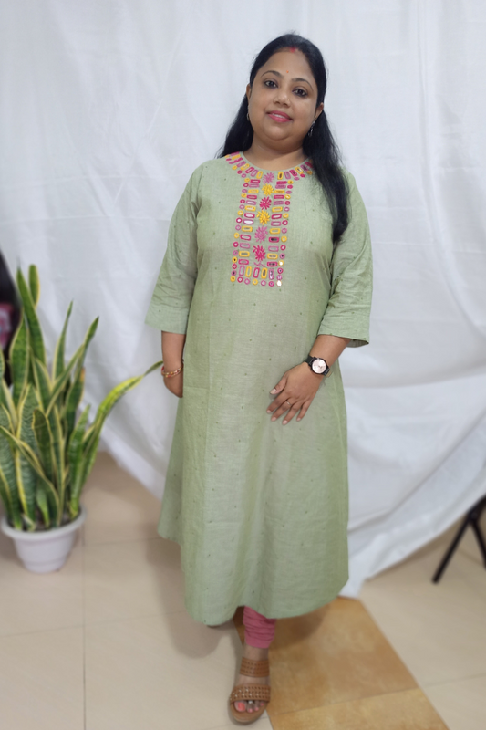 Mint Green pure Handloom cotton embroidered  Kurta