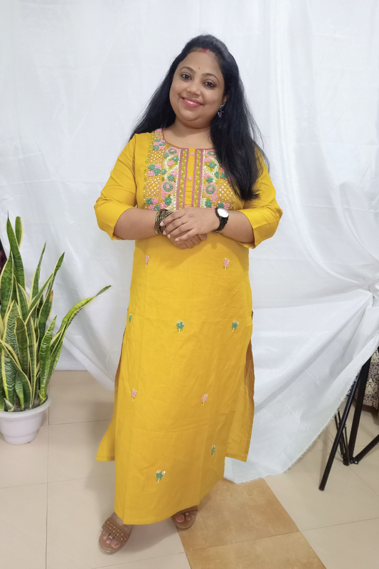 Mustard yellow Organic Cotton embroidered kurta