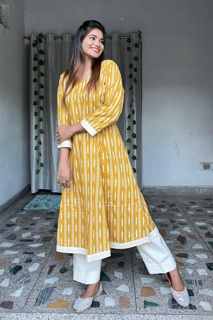 Mustard 100 % Hand crafted ikkat weaved kurta