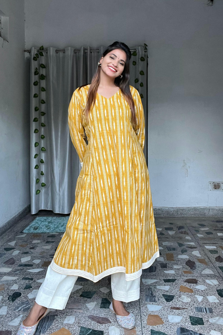 Mustard 100 % Hand crafted ikkat weaved kurta