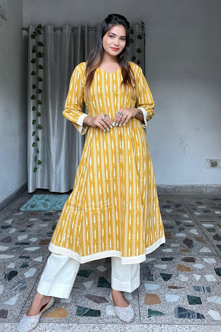 Mustard 100 % Hand crafted ikkat weaved kurta