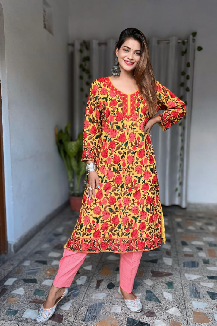 Mustard yellow georget all over aari work kurta