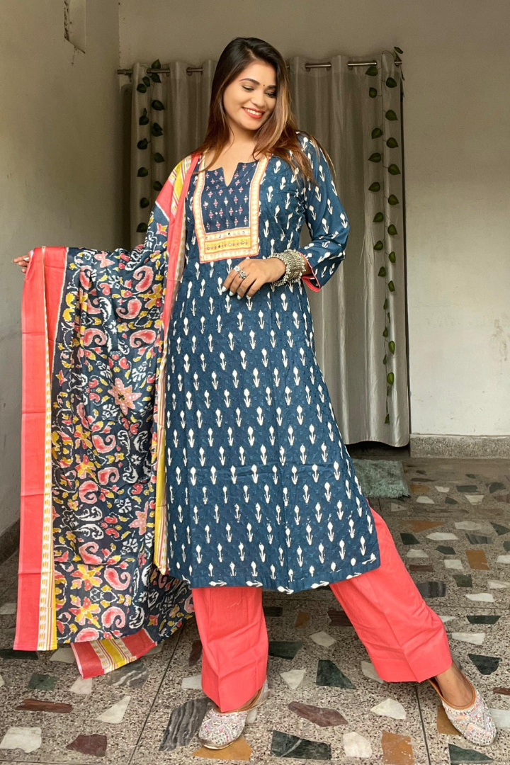 Nevy blue-gajri ikkat print -kalamkari print dupatta suit set