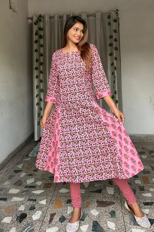 Pink jaal print- Jaipuri cotton Kalidaar Kurta