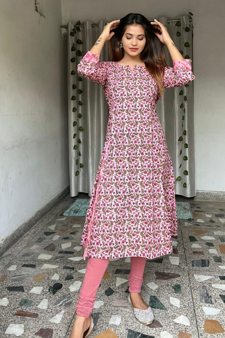 Pink jaal print- Jaipuri cotton Kalidaar Kurta