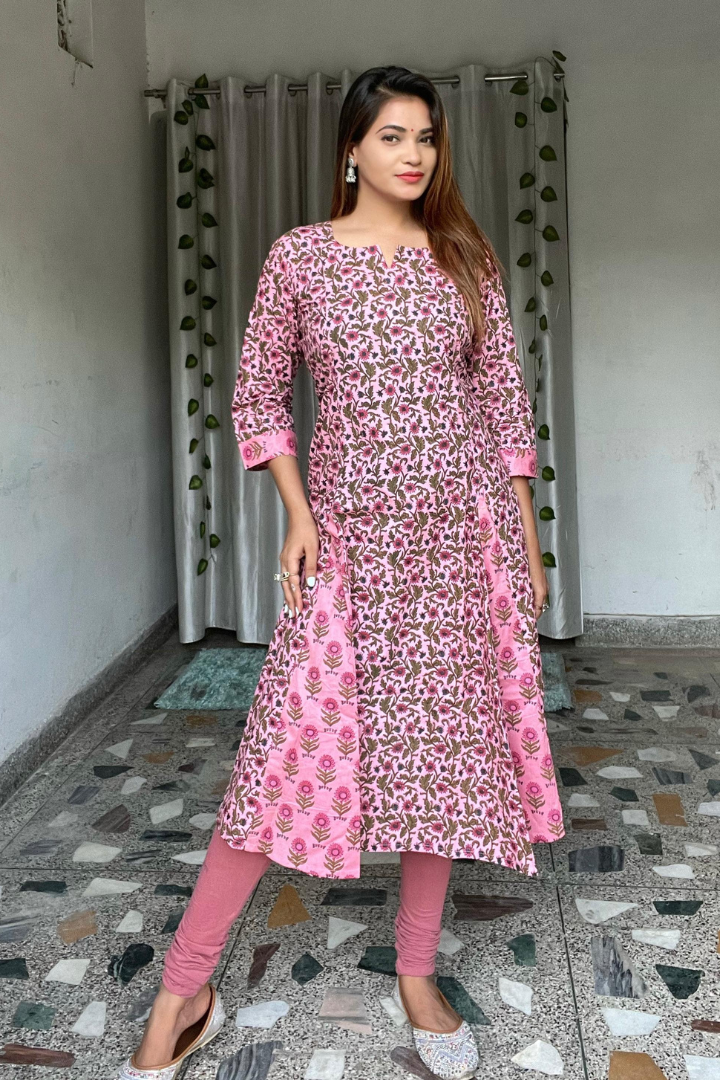 Pink jaal print- Jaipuri cotton Kalidaar Kurta