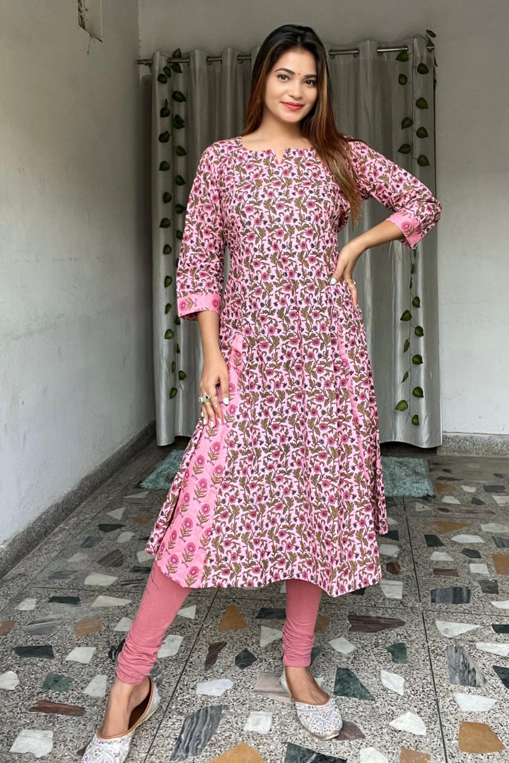 Pink jaal print- Jaipuri cotton Kalidaar Kurta