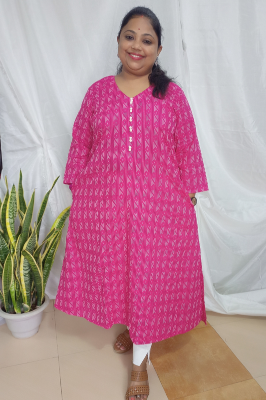 Pink Kantha Stitch cotton A-line kurta