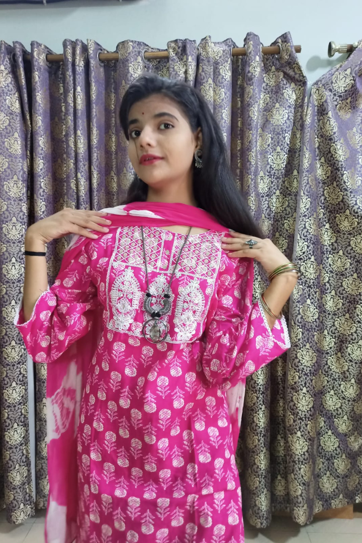 Pink yoke embroidery cotton suit set