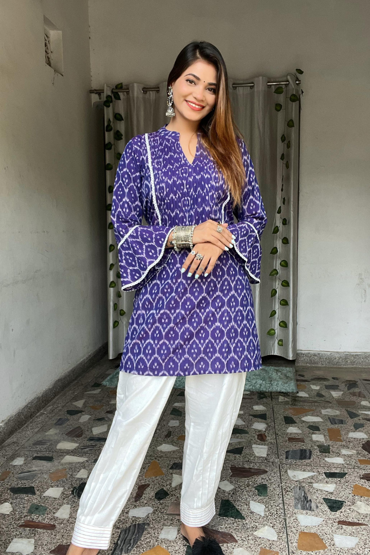 Purple Handcrafted Ikkat weave lace work kurti