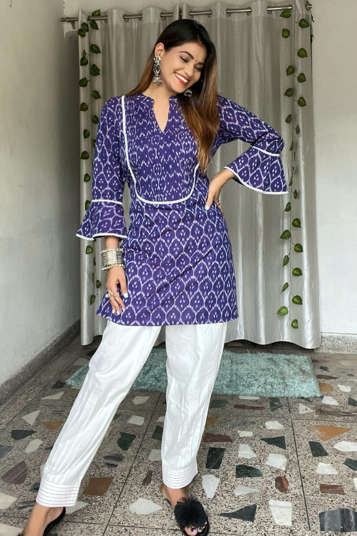 Purple Handcrafted Ikkat weave lace work kurti