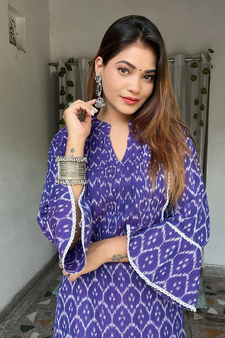 Purple Handcrafted Ikkat weave lace work kurti