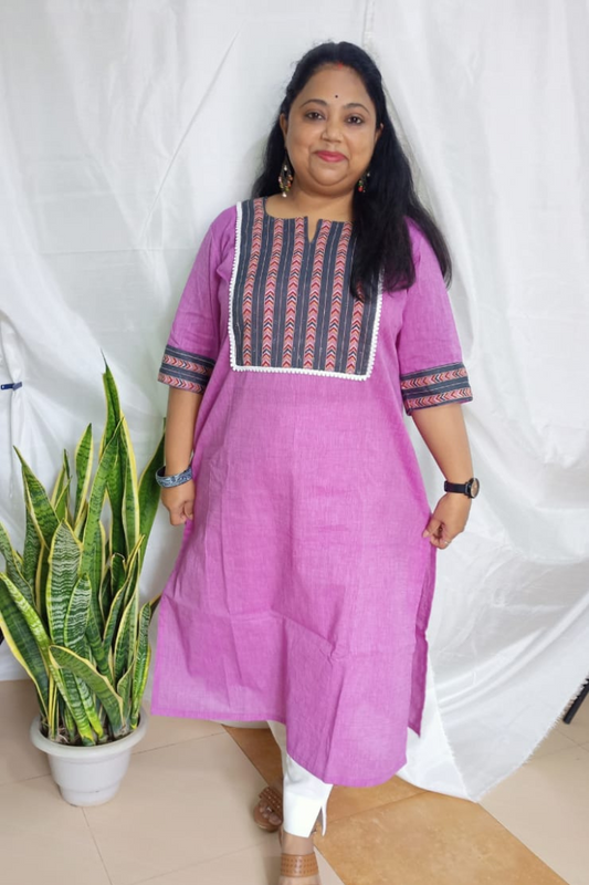 Purple straight Kurta-Printed patch yoke