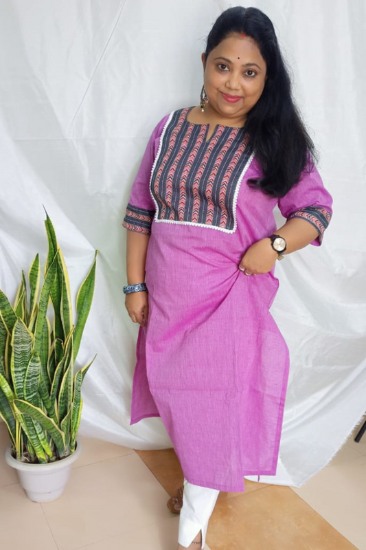 Purple straight Kurta-Printed patch yoke