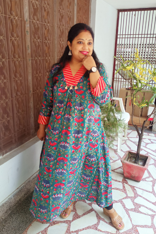 Rama Green Sanganeri Hand block print Kurta